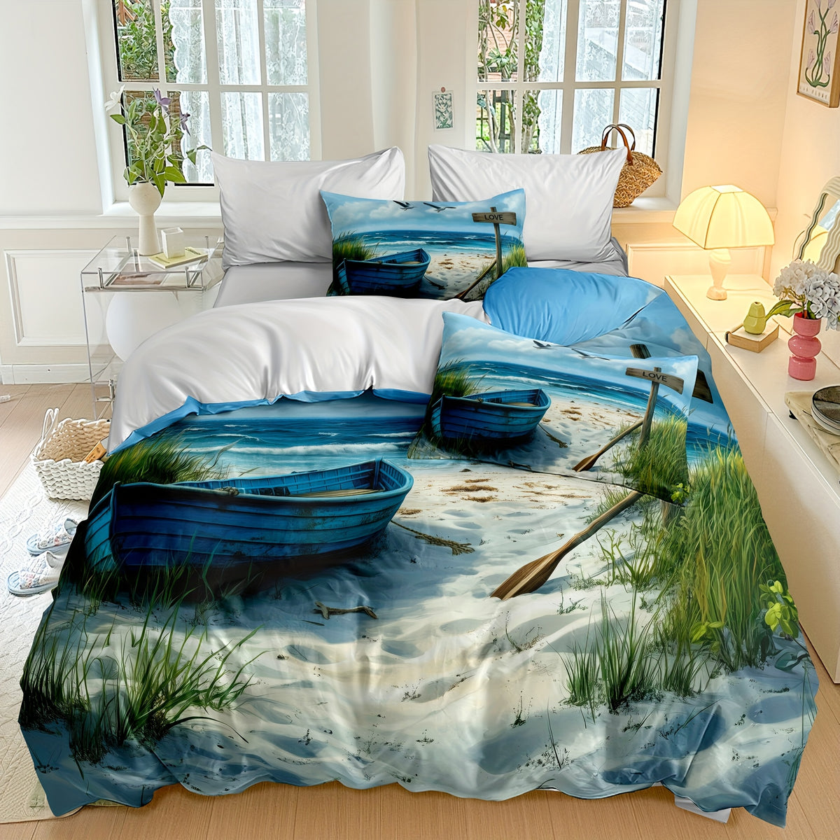linge de lit sur la Mer Barque Bleue Et Plage avec taies d'oreillers assorties