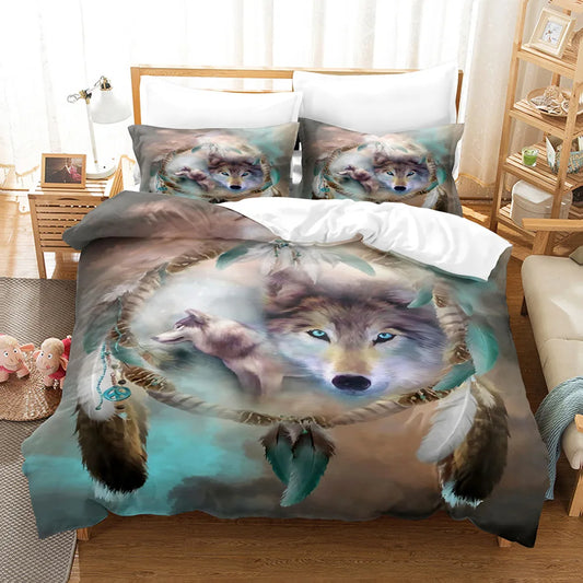 Housse de Couette loup et Attrape-Rêves aux couleurs amérindien
