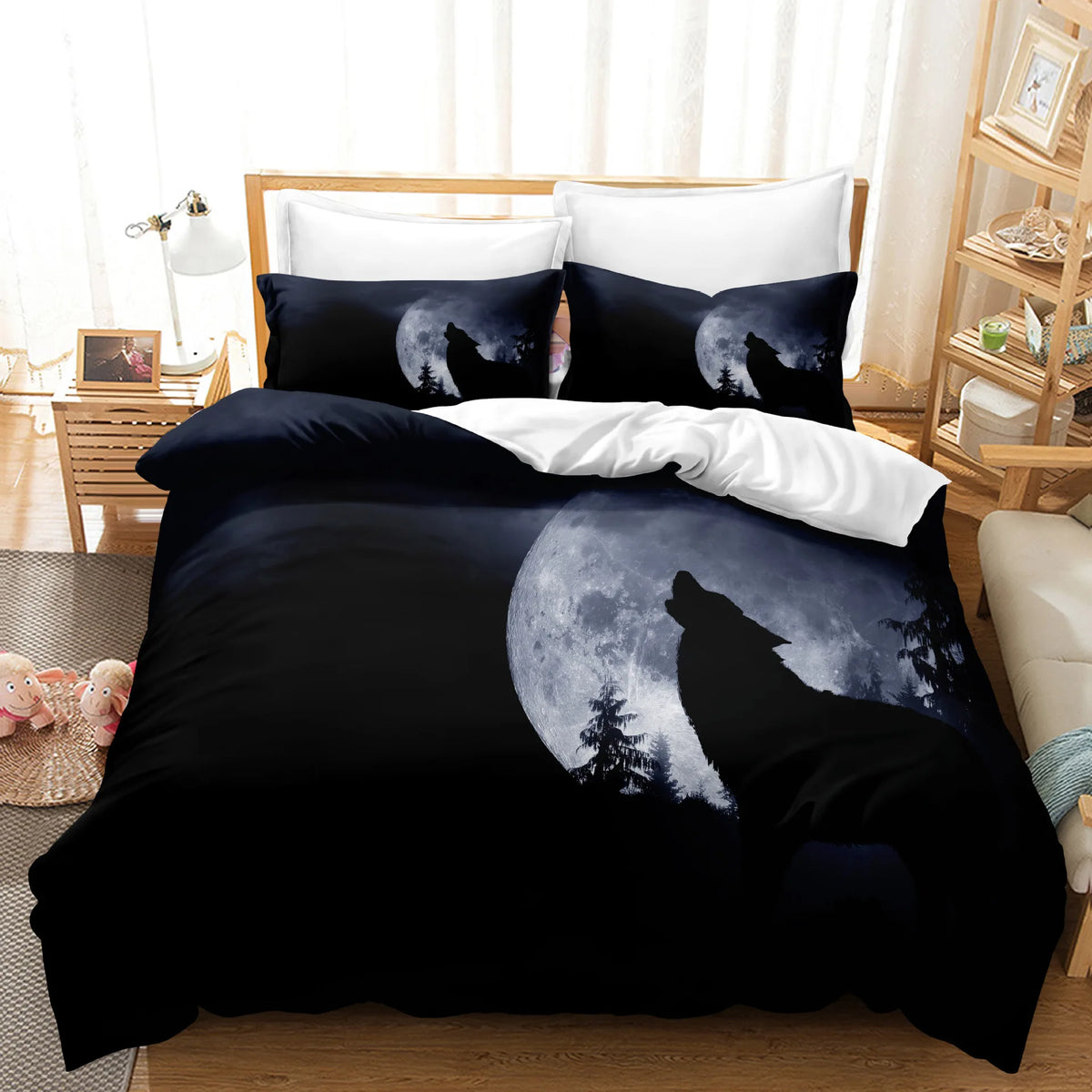 Housse de Couette loups en Silhouette hurlant devant la lune