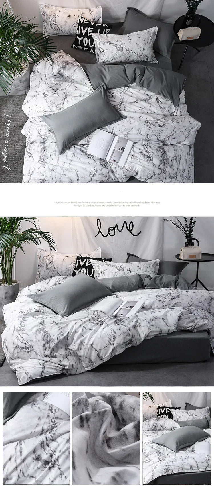Housse de couette moderne marbre blanc détails