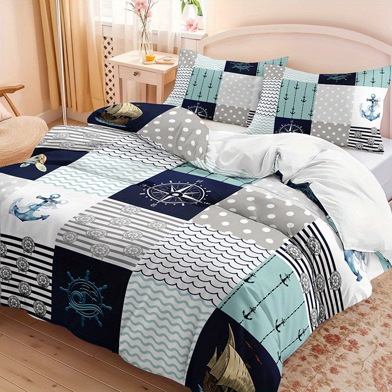 parure de lit sur la mer patchwork marin avec ancre, bateaux, rose de vents
